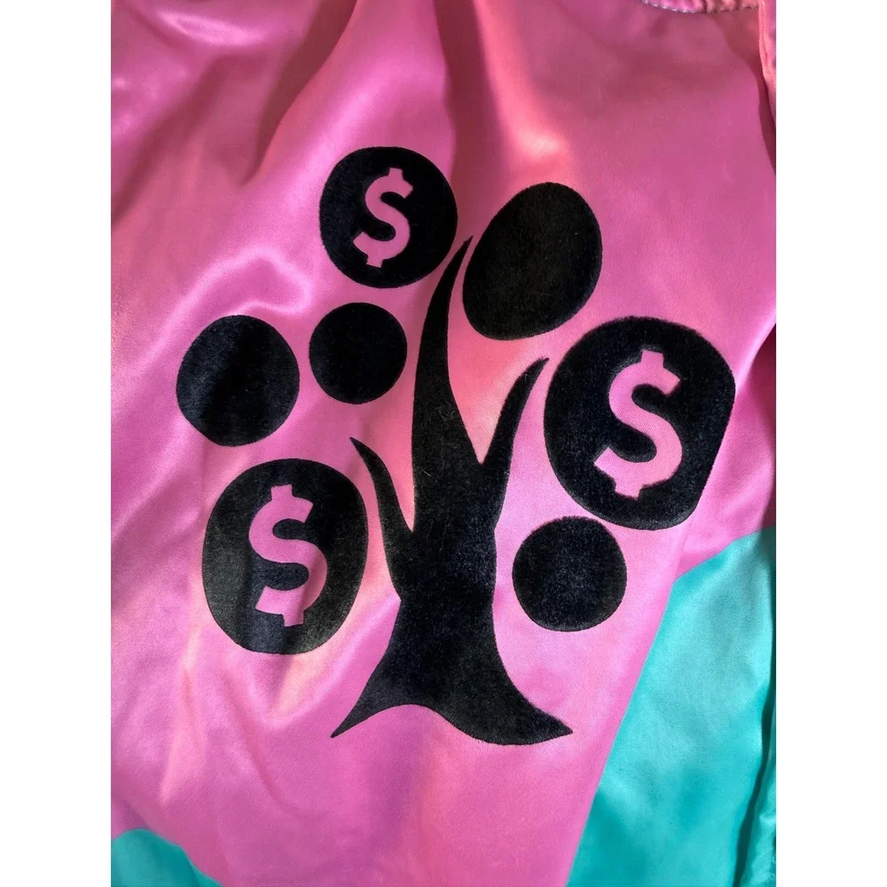 Roku Studio Eat The Rich Satin Varsity Jacket Pink Teal Colorblock Mens Medium